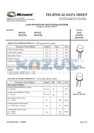 2N1131L datasheet - LOW POWER PNP SILICONTRANSISTOR