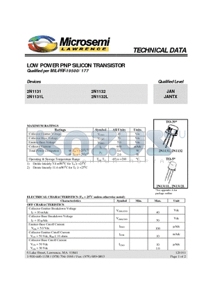 2N1132 datasheet - LOW POWER PNP SILICON TRANSISTOR