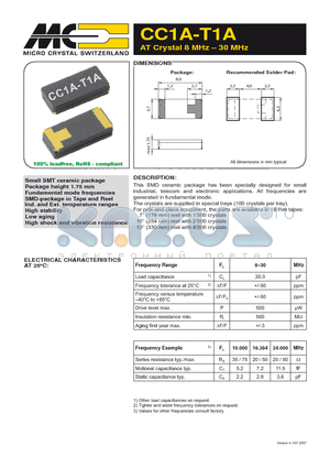 CC1A-T3A datasheet - AT Crystal 8 MHz - 30 MHz