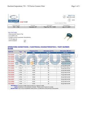 752-0065 datasheet - Ceramic XT Trap For TV/VCR