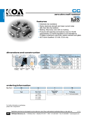 CC20TTE datasheet - zero ohm melf resistor