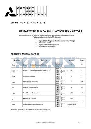 2N1671A datasheet - PN BAR-TYPE SILICON UNIJUNCTION TRANSISTORS
