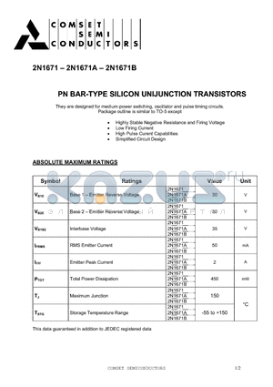 2N1671 datasheet - PN BAR-TYPE SILICON UNIJUNCTION TRANSISTORS