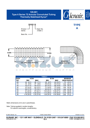 120-001 datasheet - 72 Annular Convoluted Tubing Thermally Stabilized Kynar