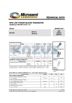 2N1613 datasheet - NPN LOW POWER SILICON TRANSISTOR