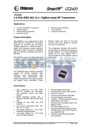 CC2420 datasheet - 2.4 GHz IEEE 802.15.4 / ZigBee-ready RF Transceiver
