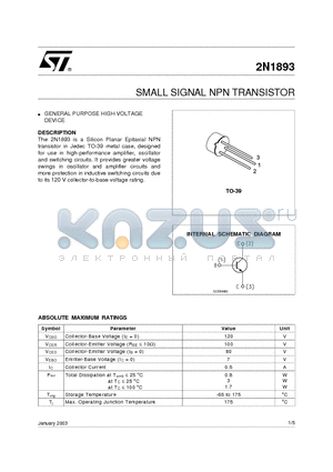 2N1893 datasheet - SMALL SIGNAL NPN TRANSISTOR