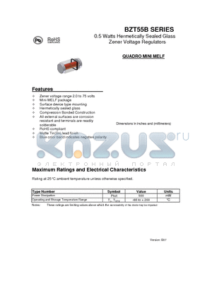 BZT55B4V3 datasheet - 0.5 Watts Hermetically Sealed Glass Zener Voltage Regulators