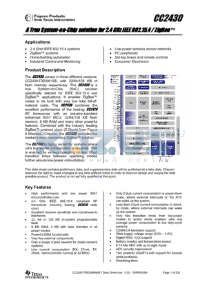 CC2430 datasheet - A True System-on-Chip solution for 2.4 GHz IEEE 802.15.4 / ZigBee-TM