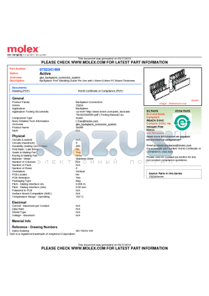 75234-1469 datasheet - Backplane Free Standing Guide Pin Use with 1.6mm-5.0mm PC Board Thickness