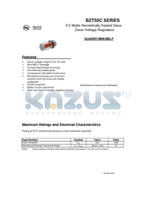 BZT55C datasheet - 0.5 Watts Hermetically Sealed Glass Zener Voltage Regulators