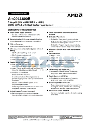 AM29LL800BB-200EC datasheet - 8 Megabit (1 M x 8-Bit/512 K x 16-Bit) CMOS 2.2 Volt-only Boot Sector Flash Memory