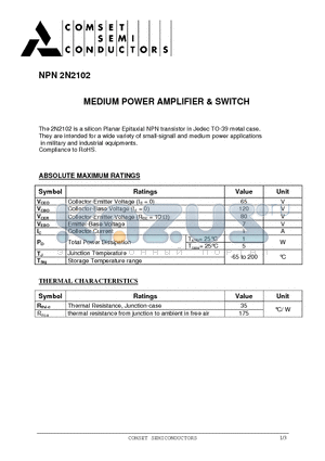 2N2102 datasheet - MEDIUM POWER AMPLIFIER & SWITCH