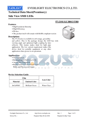 57-21SUGC/B013/TR8 datasheet - Technical Data Sheet(Preminary) Side View SMD LEDs