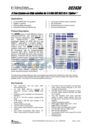 CC2430-RTR1-F32 datasheet - A True System-on-Chip solution for 2.4 GHz IEEE 802.15.4 / ZigBee-TM