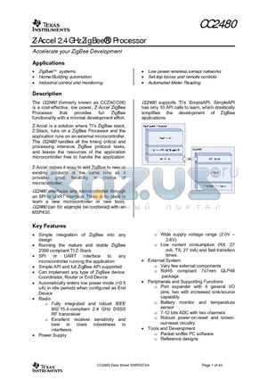 CC2480A1RTCR datasheet - Z-Accel 2.4 GHz ZigBee Processor