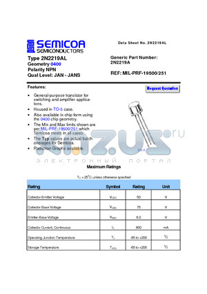 2N2219AL datasheet - Type 2N2219AL Geometry 0400 Polarity NPN