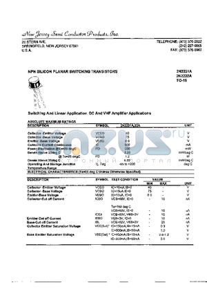 2N2221A datasheet - NPN SILICON PLANAR SWITCHING TRANSISTORS