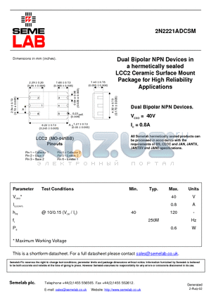 2N2221ADCSM datasheet - Dual Bipolar NPN Devices in a hermetically sealed