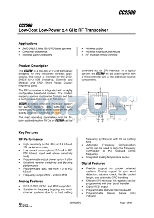 CC2500-RTR1 datasheet - Low-Cost Low-Power 2.4 GHz RF Transceiver