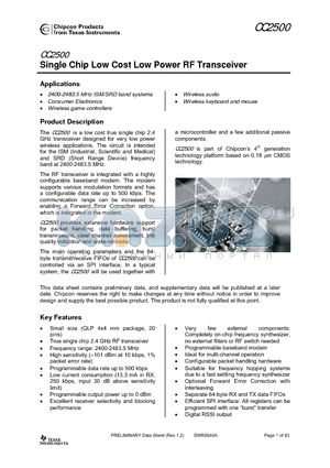 CC2500RTK datasheet - Single Chip Low Cost Low Power RF Transceiver