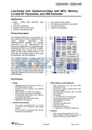 CC2510EMK datasheet - Low-Power SoC (System-on-Chip) with MCU, Memory, 2.4 GHz RF Transceiver, and USB Controller
