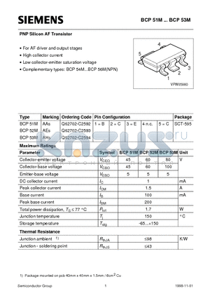 BCP51MBCP53M datasheet - PNP Silicon AF Transistor (For AF driver and output stages High collector current)