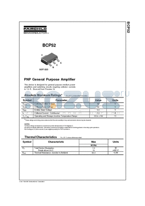 BCP52 datasheet - PNP General Purpose Amplifier