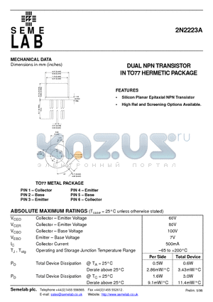 2N2223A datasheet - DUAL NPN TRANSISTOR IN TO77 HERMETIC PACKAGE