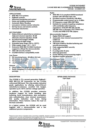 CC2520RHDRG4 datasheet - 2.4 GHZ IEEE 802.15.4/ZIGBEE RF TRANSCEIVER