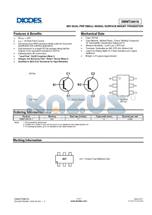 DMMT2907A datasheet - 60V DUAL PNP SMALL SIGNAL SURFACE MOUNT TRANSISTOR