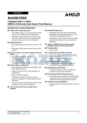 AM29LV002 datasheet - 2 Megabit (256 K x 8-Bit) CMOS 3.0 Volt-only, Boot Sector Flash Memory