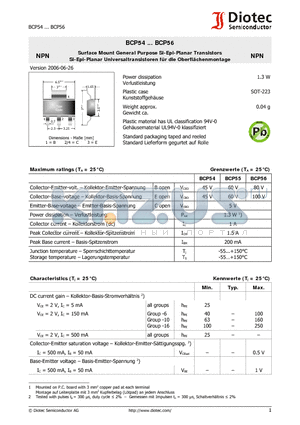 BCP54 datasheet - Surface Mount General Purpose Si-Epi-Planar Transistors