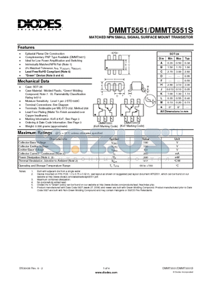 DMMT5551-7-F datasheet - MATCHED NPN SMALL SIGNAL SURFACE MOUNT TRANSISTOR