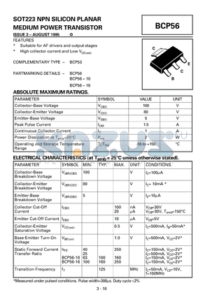 BCP56-16 datasheet - NPN SILICON PLANAR MEDIUM POWER TRANSISTOR