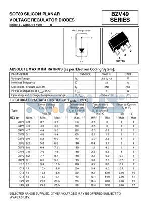 BZV49C3V9 datasheet - SOT89 SILICON PLANAR VOLTAGE REGULATOR DIODES