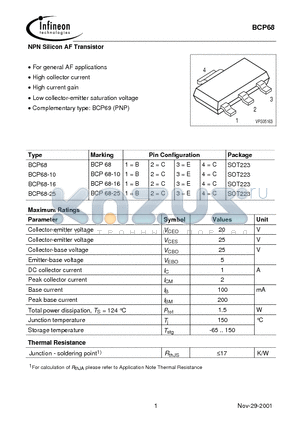 BCP68-16 datasheet - NPN Silicon AF Transistor