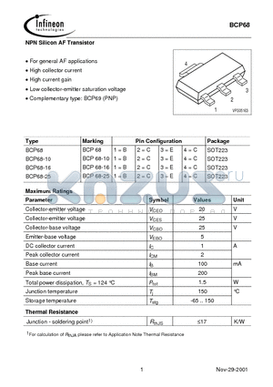 BCP68-10 datasheet - NPN Silicon AF Transistor