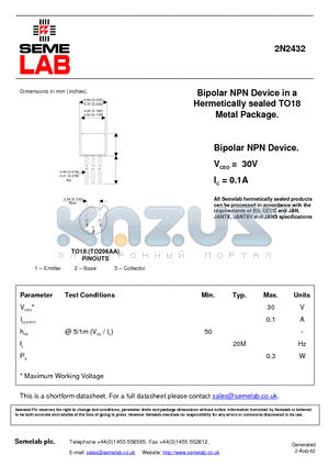 2N2432 datasheet - Bipolar NPN Device in a Hermetically sealed TO18 Metal Package