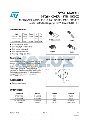 1NK60Z datasheet - N-CHANNEL 600V 13 OHM 0.8A TO-92/IPAK/SOT-223 Zener-Protected SuperMESH MOSFET
