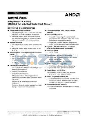 AM29LV004B-100ECB datasheet - 4 Megabit (512 K x 8-Bit) CMOS 3.0 Volt-only Boot Sector Flash Memory