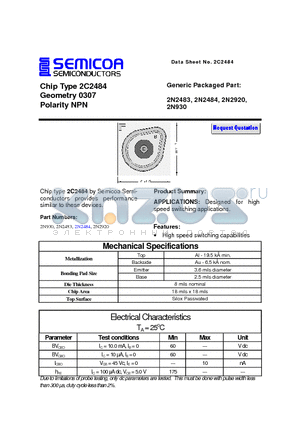 2N2483 datasheet - Chip Type 2C2484 Geometry 0307 Polarity NPN