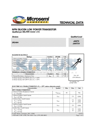 2N2484 datasheet - NPN SILICON LOW POWER TRANSISTOR