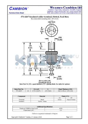 571-4267 datasheet - Insulated solder terminal, Slotted, Feed thru