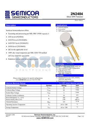 2N2484 datasheet - Silicon NPN Transistor