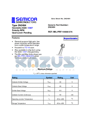 2N2484 datasheet - Type 2N2484 Geometry 0220 / 0307 Polarity NPN