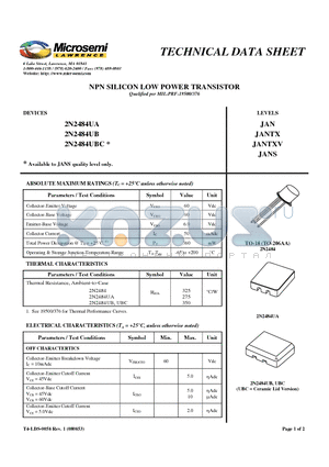 2N2484UA datasheet - NPN SILICON LOW POWER TRANSISTOR