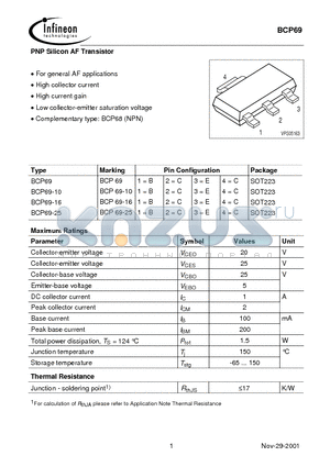 BCP69-16 datasheet - PNP Silicon AF Transistor