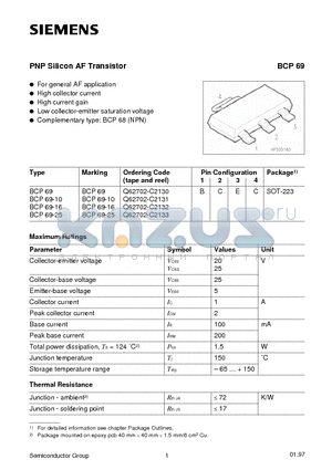 BCP69-25 datasheet - PNP Silicon AF Transistor (For general AF application High collector current High current gain)