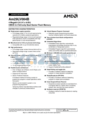 AM29LV004BB-120EI datasheet - 4 Megabit (512 K x 8-Bit) CMOS 3.0 Volt-only Boot Sector Flash Memory